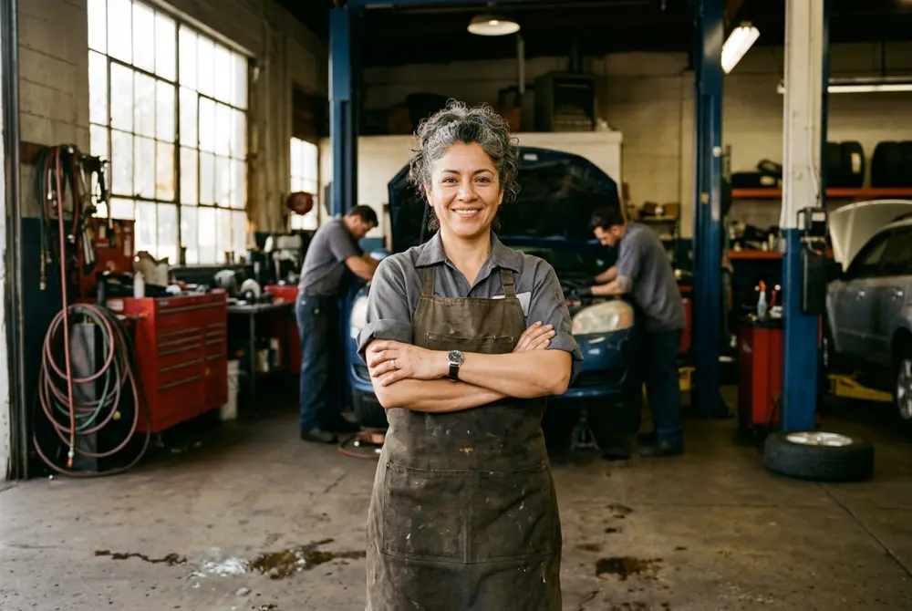 Smiling auto repair shop owner standing in her garage