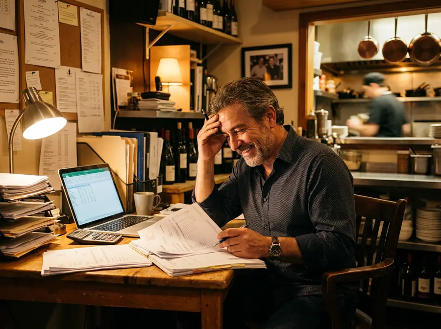 Restaurant owner reviewing paperwork in a back office